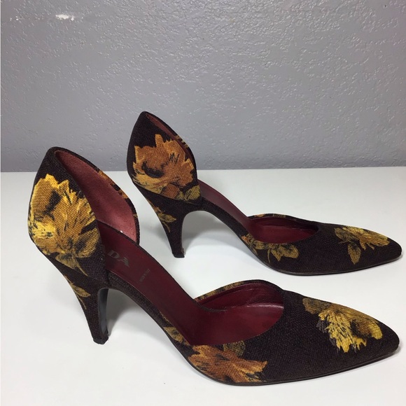 VTG PRADA Women’s Corduroy Floral Print Heels Size 37 Made In Italy - Picture 4 of 14